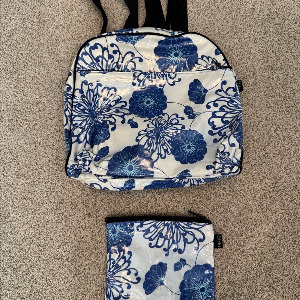 Elegant Blue Floral Women's Backpack and Pouch